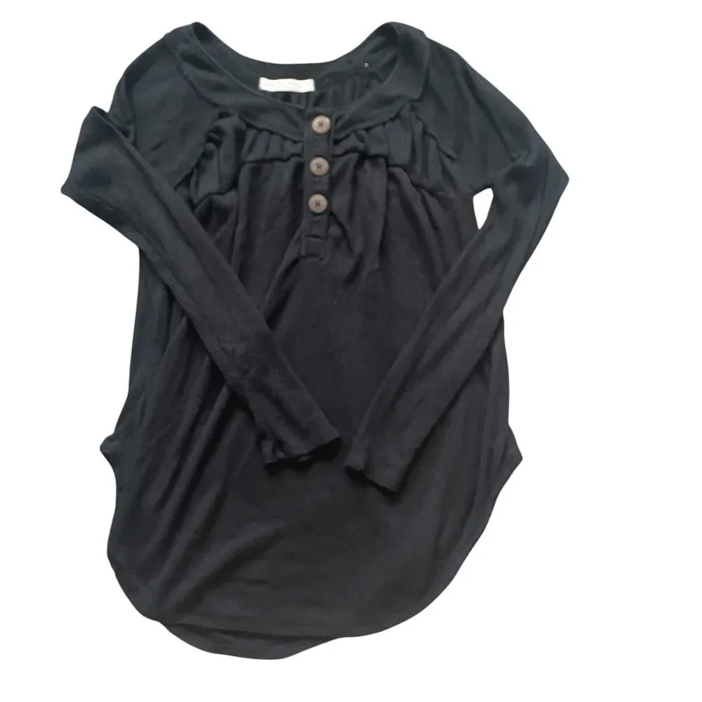 Free People Womens Long Sleeve Babydoll Top Sz Large Boho Neutral Casual Thermal